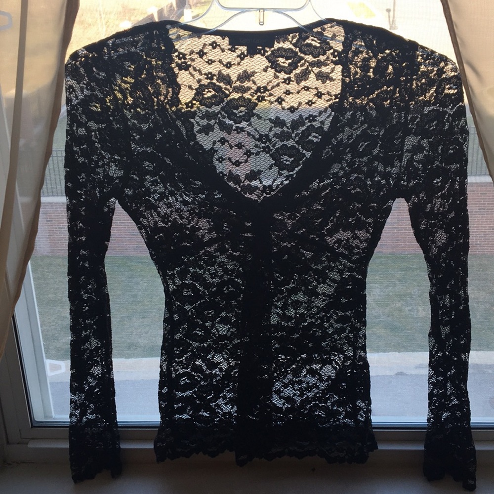 Black V neck, knot front lace long sleeve top - Picture 5 of 5